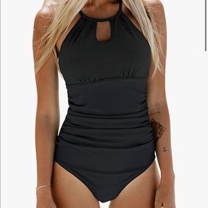 Black high neck one piece bathing suit